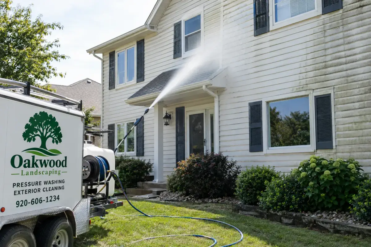 Water sprays onto the siding of a two-story house beside an Oakwood Landscaping trailer marked for pressure washing and exterior cleaning. A tank, hose reel, and hoses are visible, with green streaks on the siding.