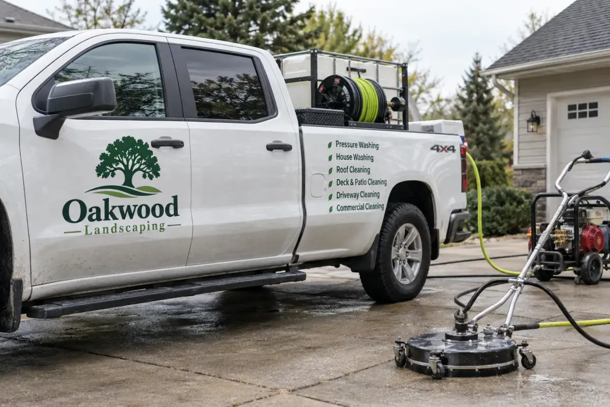 A white Oakwood Landscaping pickup sits on a wet residential driveway with a water tank and hose reel in its bed. A pressure washer and round surface cleaner stand beside it.