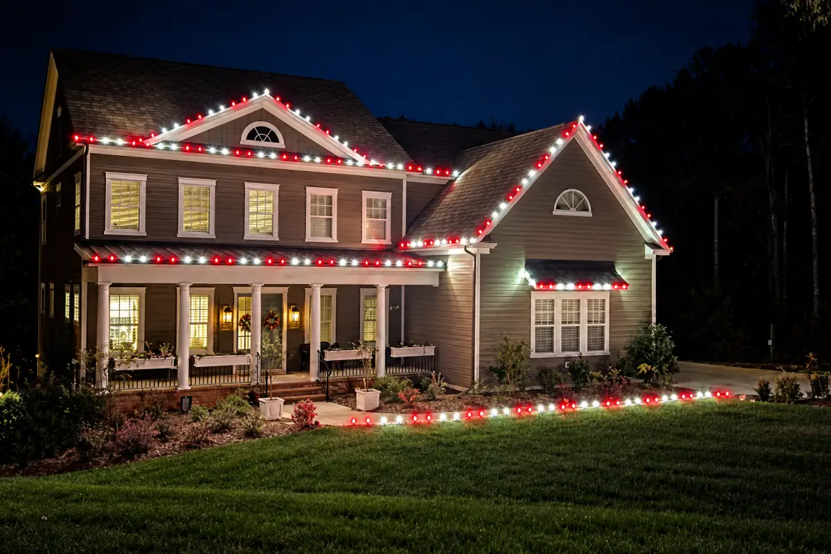 A two-story house at night with red and white holiday lights outlining the roof, porch, and front garden edge.