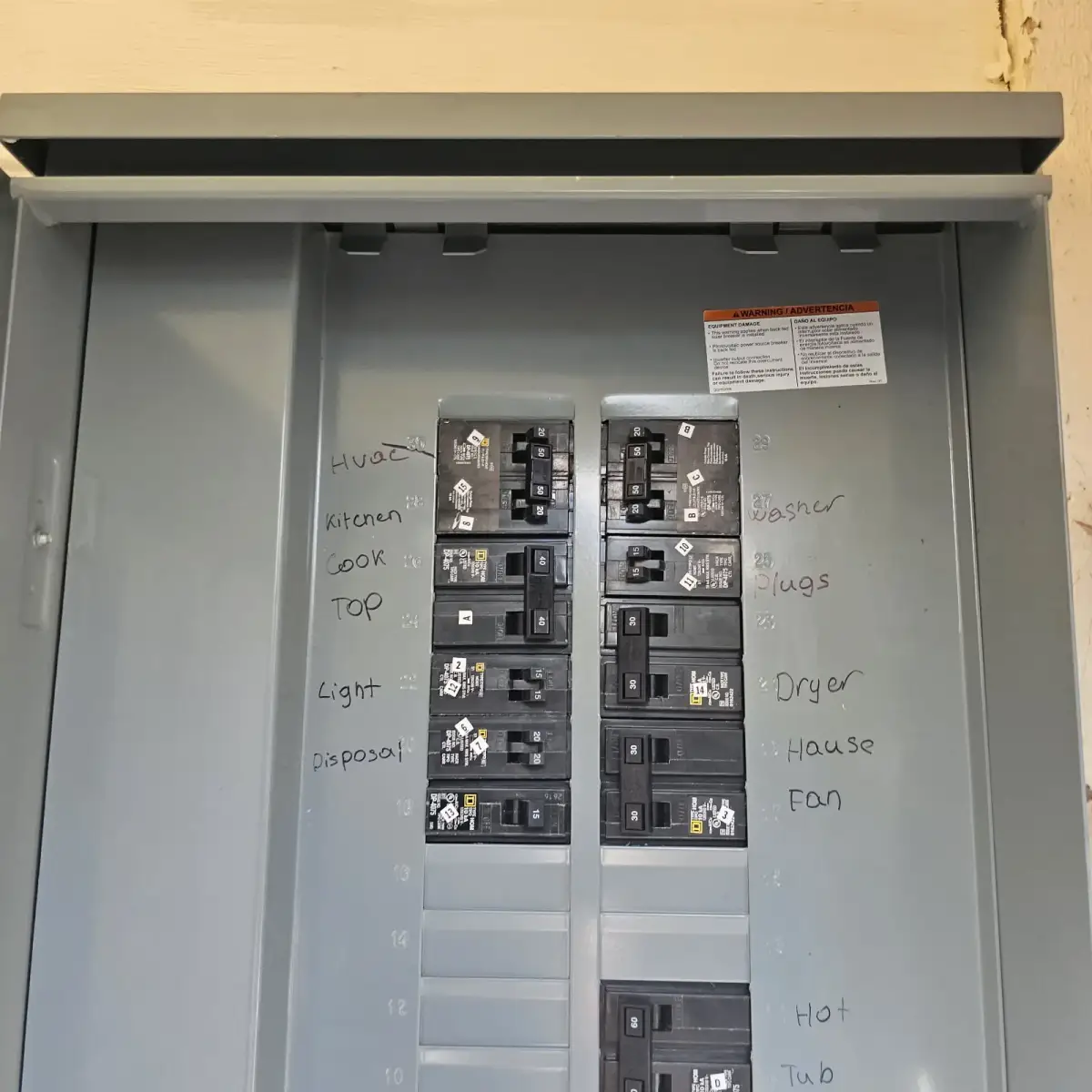 Close-up of a gray electrical panel with two columns of circuit breakers, handwritten appliance labels, and a warning sticker.