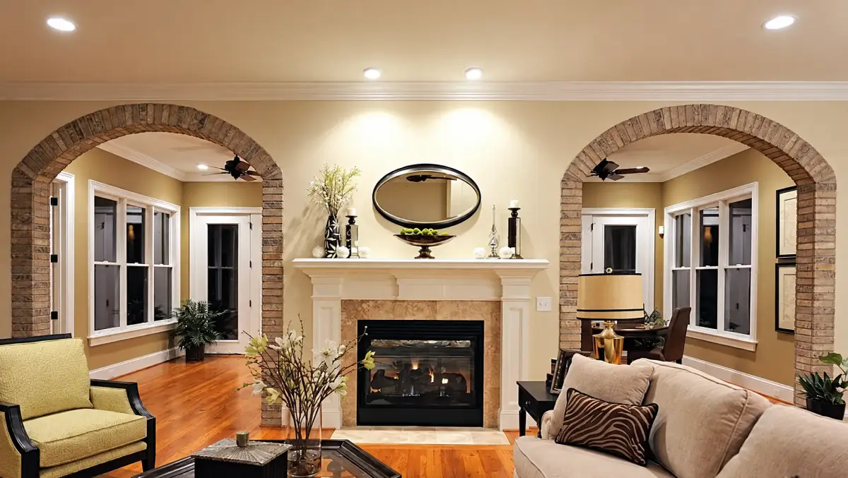 Warmly lit living room with recessed ceiling lights, a central fireplace and oval mirror, brick archways, hardwood floors, and upholstered seating.